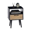 15.75" Rattan End table with  drawer and solid wood legs, Modern nightstand, side table for living room, bedroom, black