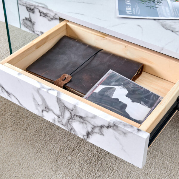 94ccc32ef4a44db193e2e78f65e9992d_9c49f1b3771f4db0a3099b0be5786017 43.3 Inch Modern Two-Tier Coffee Table - Clear Tempered Glass and White Marble Texture, Multifunctional Storage Design.The bottom tier includes a drawer.Can be used as a coffee table,side table,etc.