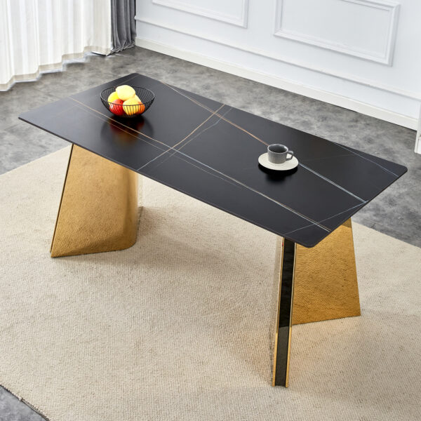94d20ae38a64453f8364522d8e1ee9a7_5ae29f9c630e798636ac6e77776f24d5 63"x31.5x30" Black Marble-Patterned Slab Dining Table with Golden Stainless Steel Butterfly Legs.The tabletop is designed to be scratch and heat resistant.Slabs Tabletop,Golden Stainless Steels Legs.