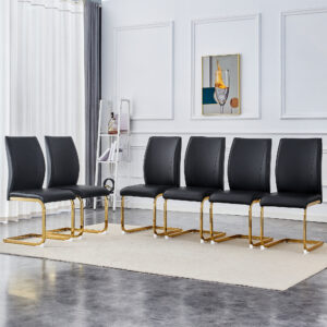 Luxury Simple Arch Chair - Set of 6 BLACK PU Material High Resilience Dining Chair with Arched Metal Gold Leg.Packed In Two Boxes.