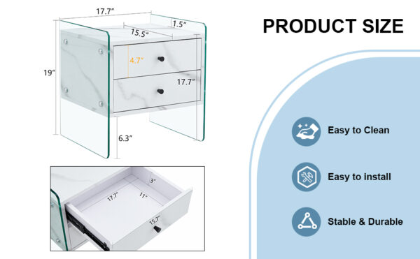 Double-drawer bedside table. The board surface is MDF sticker, and both sides are transparent tempered glass. The design is simple and elegant, with excellent storage functions.