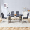Table and chair set.63"x31.5x30" Black Marble-Patterned Slabs Tabletop with Stainless Steel Butterfly Legs.Paried with 4 Dark gray high-quality PU chairs with silver metal legs.