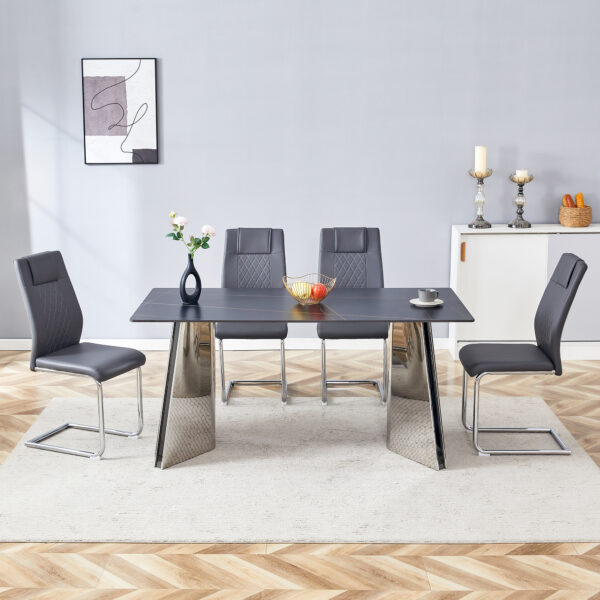 94f6a82bf93d4f7ca38de7adbcb901b3_07d9036a8173e25ab4c760d3be007747 Table and chair set.63"x31.5x30" Black Marble-Patterned Slabs Tabletop with Stainless Steel Butterfly Legs.Paried with 4 Dark gray high-quality PU chairs with silver metal legs.
