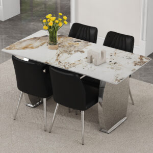 Table and chair set.63*31.4 Inch Pandora Patterned Sintered Stone Dining Table Set - 4 Shell Textured Black Chairs, Modern Light Luxury.Perfect For Dinner Room,Meeting Room,Kitchen,etc.