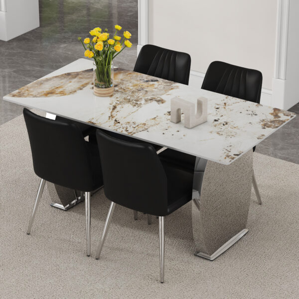 951af11a988443dab30755b5098379f3_2c0b070fa583ccb205af4524104bd485 Table and chair set.63*31.4 Inch Pandora Patterned Sintered Stone Dining Table Set - 4 Shell Textured Black Chairs, Modern Light Luxury.Perfect For Dinner Room,Meeting Room,Kitchen,etc.