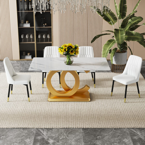 953e97b7558a4f689d493005d9f78fff_20240306_0d5c74076353366ca6e16dd73b53bad9 A large modern minimalist rectangular dining table suitable for 6-8 people, A set of 4-piece PU leather backrest and black metal legs modern dining chairs. F-OC C-007