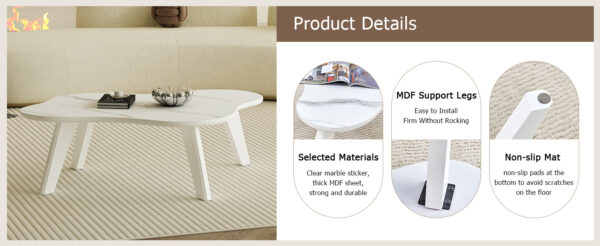 9552d11284d9419e8cfb748ca0a8ae0e_cd71c362a03c3e2b3d30caf93ab10ec1 Modern minimalist white imitation marble tabletop coffee table. Solid wood spray painted desk legs, cloud shape to give you a new experience, computer desk. Suitable for dining and living rooms.