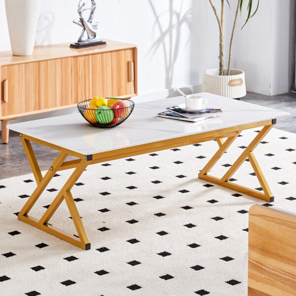 9555b2e4de4f485dae93a57dc67607f1_9403d41afbc8f1c6bba7fbde26d696b1 A coffee table made of rock slab material, with a smooth and natural surface that complements the modern design of the golden metal legs, making it suitable for living rooms of all sizes.47*23.6