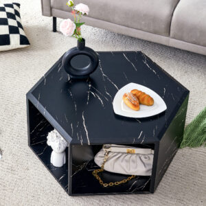 Hexagonal MDF coffee table, characteristic pattern stickers, multi-hole design to give more storage space, simple and convenient design makes it suitable for all kinds of style scenes.