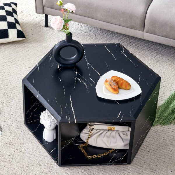 955dd371b7aa4a028d0f1ec2f881bb46_e727fd04155bc7d33643b5339a9cc1ca Hexagonal MDF coffee table, characteristic pattern stickers, multi-hole design to give more storage space, simple and convenient design makes it suitable for all kinds of style scenes.