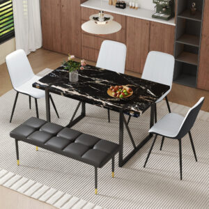 Table and chair set.Modern Black Marble Pattern MDF Dining Table Set - 55"x31.4" with 4 Extended Seat Cushion PU Dining Chairs and 1 Bench,A Choice of Subtle Luxury for Modern Homes.