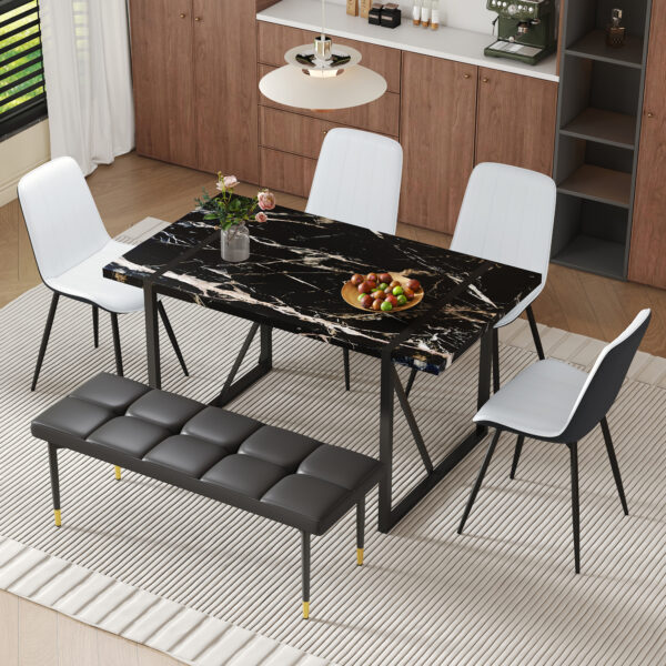 9564a15115274434859208b628b37a72_f66853fb36f7749523fbf613104bf2bd Table and chair set.Modern Black Marble Pattern MDF Dining Table Set - 55"x31.4" with 4 Extended Seat Cushion PU Dining Chairs and 1 Bench,A Choice of Subtle Luxury for Modern Homes.