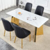 Table and chair set.63"x31.5x30" Luxurious Snow Mountain Patterned Sintered Stone Table with Stainless Steel Butterfly Legs.Paried With 4 White PU Chairs with Simple Line Designs On The Backrest.