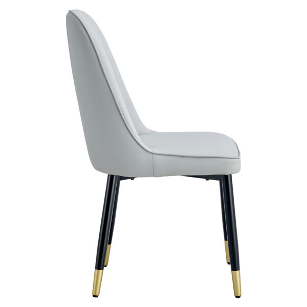 9581002c78df42a3aa85382f44c0037e_49572c105f764d5dcaa9a074deb3d534 Table and chair set.The table has a glass top with imitation marble pattern stickers and stainless steel golden legs. Paried with chairs with PU artificial leather backrest cushions and black legs.