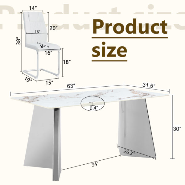 959e5d8bc81a43b7afa907e2d2d1d4d2_176a832b326bdf1b966f44665ed1e3ee Table and chair set.63*31.4 Inch Luxurious Cold Jade Sintered Stone Dining Table Set - 6 White High-quality PU Chairs With Arched Silver Metal Legs.Perfect For Dinner Room,Meeting Room,Kitchen,etc.