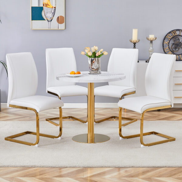 95a6c209eb96481ebf4ceaae6b6910e5_de9cc4775b607259c79732d3cdec54e7 Table and chair set.31.5 Inch Elegant White Marble Pattern Round Dining Table - Suction Molding Annular Texture.Paired With 4 White PU Material High Resilience Dining Chairs.