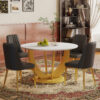 Table and chair set.Luxurious Snow Mountain White Slab Round Dining Table Set - 47"x47" with 4 Black PU Chairs with Simple Line Designs On The Backrest .Golden Metal Legs.