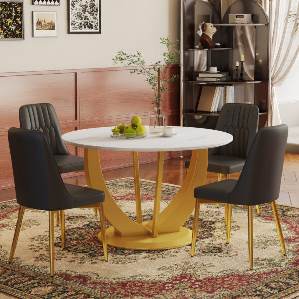 95b0e85d23e24147a9a38e0974f4631a_74c5f93a24f4220a6781f515a688419f Table and chair set.Luxurious Snow Mountain White Slab Round Dining Table Set - 47"x47" with 4 Black PU Chairs with Simple Line Designs On The Backrest .Golden Metal Legs.