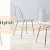Transparent and stylish ergonomic dining chair unlocks a new experience of lightweight fashion, comfort, and stability. Transparent seat cushion, silver metal legs. One box of three.