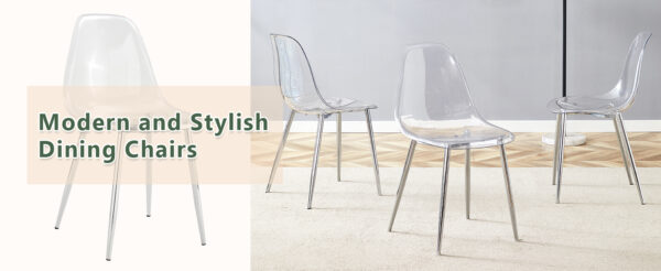 95bed2b27ad94b9da64a4bd1fd858b80_a46fb4307834dca730296741907b4730 Transparent and stylish ergonomic dining chair unlocks a new experience of lightweight fashion, comfort, and stability. Transparent seat cushion, silver metal legs. One box of three.