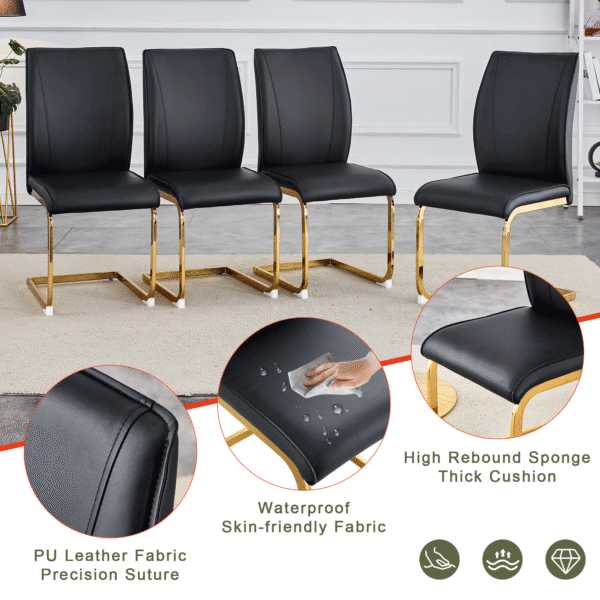 95c868fb94134b0eab435cd351576d9a_dd509d43f8358ac42dcb49c7ed3f2659 Table and chair set.Subtle Luxury Tempered Glass Dining Set - 63"x35.4" with 6 Black PU Material High Resilience Dining Chairs.Arched Metal Gold Leg.White imitation marble texture sticker Tabletop.