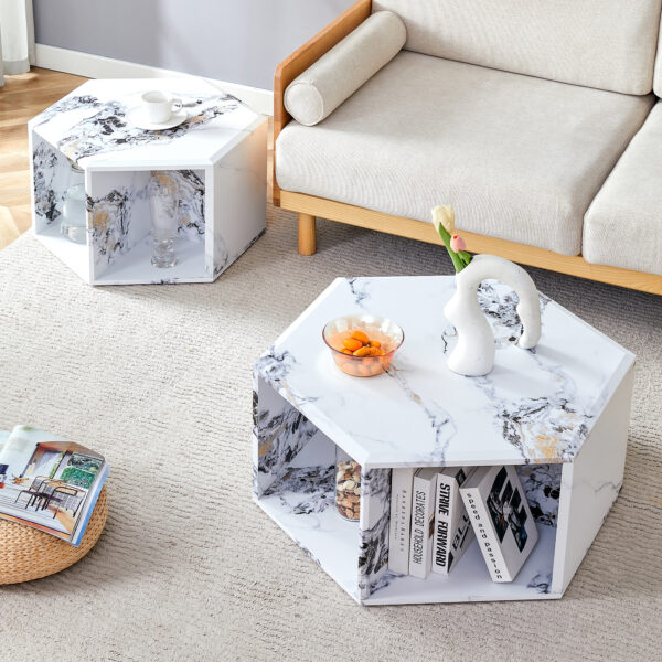 95cb8fe0bdd7434aabacd5c8d399cf29_8ba447713cd1d3a9f8f5f395b59e39f9 Minimalist white patterns hexagonal Coffee Table Set.Hexagonal MDF coffee table, characteristic pattern stickers, multi-hole design to give more storage space.Two coffee tables of different sizes.