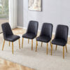 4 modern dining chairs, sleek PU leather backrest, and gold metal legs bring a comfortable home experience to the kitchen, bedroom, and office.
