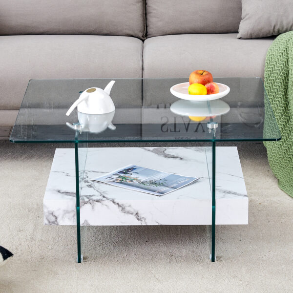 95e59bd799e04cd89af0a8607d431aa2_e4c0ae60b77fe851dce5b697e76e7e8b 31.4 Inch Modern Two-Tier Square Coffee Table - An Elegant Combination of Clear Glass and White Marble Pattern Sticker.It can be used as a coffee table,a side table or a display stand.