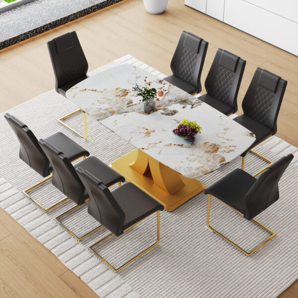 Table and chair set.71"x35.4"x30" Luxurious Pandora Patterned Glass Dining Tabletop with Golden Back To Back C-Shaped MDF Legs.Paried With 8 Black High-quality PU Chairs With Arched Metal Legs.