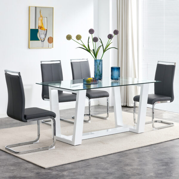 Glass Dining Table Large Modern Minimalist Rectangular for 6-8 with 0.4" Tempered Glass Tabletop and white MDF Trapezoid Bracket,For Kitchen Dining Living Meeting Room Banquet Hall F-1550