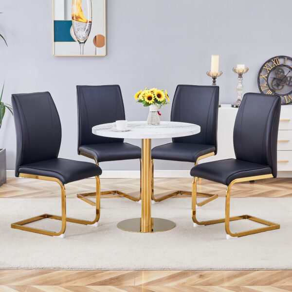 961af91b170f4b2cbac7cc8ff4daacff_8df5ff42bf832ab916e040a05bb1d69a Table and chair set.31.5 Inch Elegant White Marble Pattern Round Dining Table - Suction Molding Annular Texture.Paired With 4 Black PU Material High Resilience Dining Chairs.