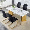 Table and chair set.63"x31.5x30" Luxurious Cold Jade Patterned Sintered Stone Dining Table with Golden Stainless Steel Butterfly Legs.Paried With 4 Black High-quality PU Chairs With Arched Metal Legs.