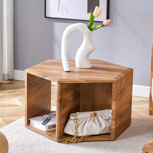 9652c699374d422ba4069c6dc0e6f0eb_11420ef6d72211399a13cd6b53fee5e5 Hexagonal MDF coffee table, characteristic pattern stickers, multi-hole design to give more storage space, simple and convenient design makes it suitable for all kinds of style scenes.