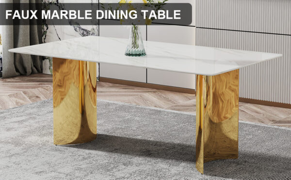 9656a4541b6b4b3d8e547bb2b5d772ac_20231122_219daaada51594bbc5c4432417157e2e Modern minimalist dining table. The white imitation marble glass desktop is equipped with golden metal legs. Suitable for restaurants and living rooms 71 "* 39.3" * 29.5 "DT-69