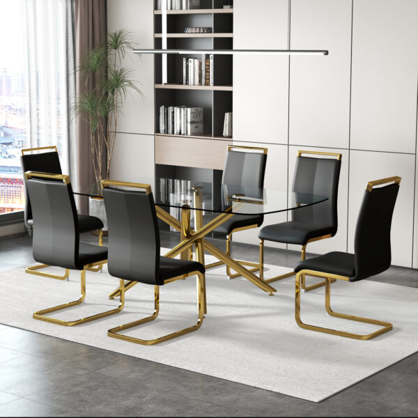 9658ea93fca54808a82818065ff54439_20230717_d05485be59a05e661e3b8525a0340474 Large Modern Minimalist Rectangular Glass Dining Table for 6-8 with 0.39" Tempered Glass Tabletop and Golden Plated Metal Legs,for Kitchen Dining Living Meeting Room Banquet hall 71'' x 39'' x30''1537