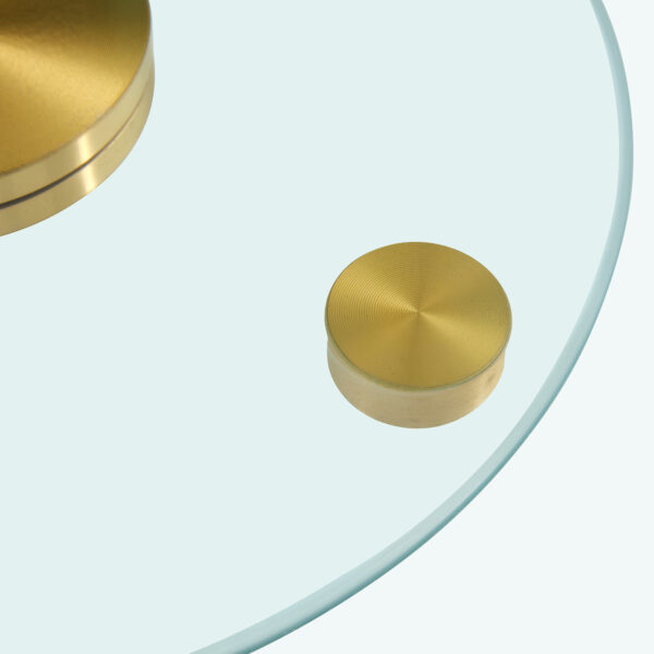 966cd319efc243fdb886db7403e06bff_5099124317b727d8653d3711404bee04 Double layer rotatable round glass.Golden aluminum plate,The rotatable design makes it convenient to retrieve and place items.The upper glass has a diameter of 24 inches, the lower glass15 inches.