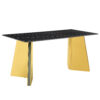 63"x31.5x30" Black Marble-Patterned Slab Dining Table with Golden Stainless Steel Butterfly Legs.The tabletop is designed to be scratch and heat resistant.Slabs Tabletop,Golden Stainless Steels Legs.