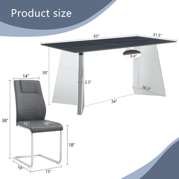 9699f3caec114cb3978e7f4413fb9c29_5c7dd8037dd4ce84bb0f26417b452e35 Table and chair set.63"x31.5x30" Black Marble-Patterned Slabs Tabletop with Stainless Steel Butterfly Legs.Paried with 4 Dark gray high-quality PU chairs with silver metal legs.