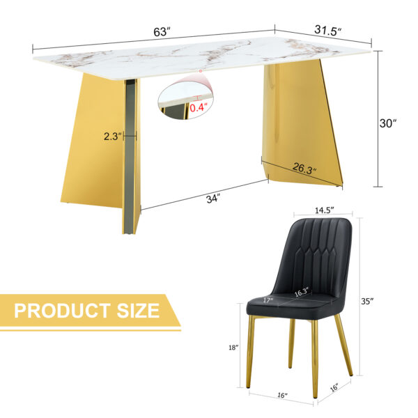 96b4ef63206d4c2689c300b8d2943a40_caad8f6a5c7db73dec9f471317b2edda Table and chair set.63"x31.5x30" Luxurious Cold Jade Patterned Sintered Stone Table with Golden Stainless Steel Legs.Paried With 4 Black PU Chairs with Simple Line Designs On The Backrest.
