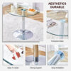 A 35-inch diameter glass top and a modern, minimalist round dining table with silver metal legs. Ideal for dining rooms, living rooms and meeting rooms.