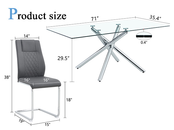96d6a6d3347d4d078936fef31d6da7a1_fbeeeb71b29270b38454700838292d84 Table and chair set.Modern Luxurious Transparent Tempered Glass Dining Table Set with 8 Chairs.Single fork silver metal table legs.Dark gray high-quality PU dining chairs with silver metal legs.