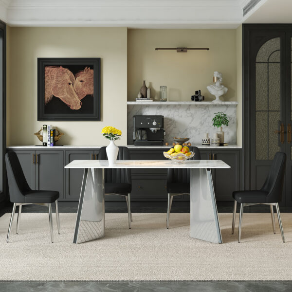 96fd242bfb18419aadef6fa3e2f01e3a_bb7a7693e322376e4a271f37cfcb0c67 Table and chair set.63*31.4 Inch Luxurious Cold Jade Sintered Stone Dining Table Set - 4 Black Chairs With Silver Metal Legs.Modern Light Luxury.Perfect For Dinner Room,Meeting Room,Kitchen,etc.
