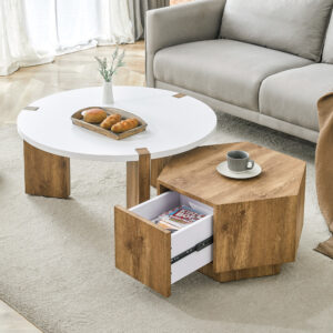 Fashionable and versatile MDF material coffee table set, unlocking a new style in the living room.All are made of MDF material, with white and wood textured stickers on the surface.