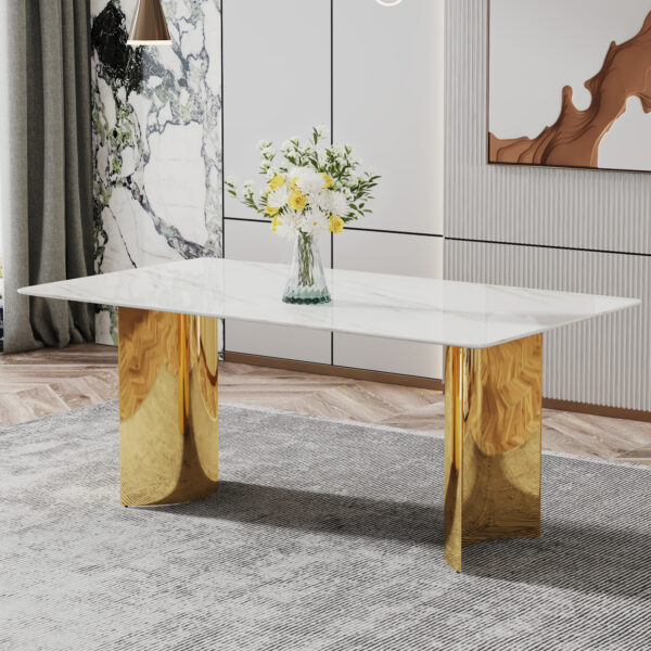 97217c9e23954e94af3ec6d61e710bc1_20231122_8ccb9f483c9679ba42ff862151fe9585 Modern minimalist dining table. The white imitation marble glass desktop is equipped with golden metal legs. Suitable for restaurants and living rooms 71 "* 39.3" * 29.5 "DT-69