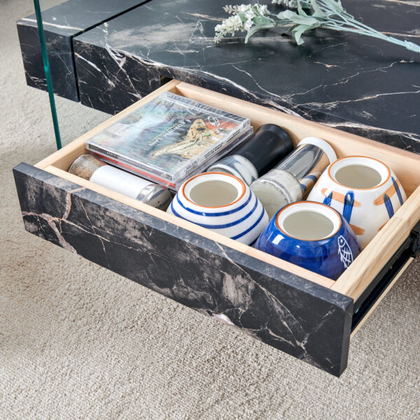 972cd6cfc6c941ae8cfefec0f8c70ee8_e1074bb53f9e8f1d954e09e9a5390f4b 43.3 Inch Modern Two-Tier Coffee Table - Clear Tempered Glass and Black Marble Texture, Multifunctional Storage Design.The bottom tier includes a drawer.Can be used as a coffee table,side table,etc.