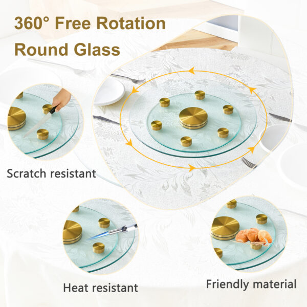 9730b9202e024262918dbdc979088433_a7b5110fd47dbf8b7ad27461aa44d5ff Double layer rotatable round glass.Golden aluminum plate,The rotatable design makes it convenient to retrieve and place items.The upper glass has a diameter of 20 inches,the lower glass15 inches.