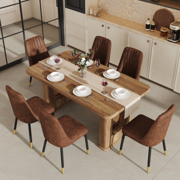 97471863473c4be1adf07b2948323680_27846ba6370e5a66f966309e80a2d5fa Table and chair set.64.5 x 35.4 Inch Stylish Wood Color Textured Dining Table.Paried With 6 BrownTechnology-Fabric Dining Chairs.Suitable for kitchen,Dining room,etc.