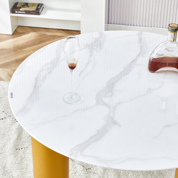 Round white dining table, artificial marble glass stickers, golden MDF legs, kitchen dining table, living room dining table 40 "* 40" * 29.4 "F-X03