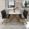 Table and chair set.Modern Luxurious Tempered Glass Dining Table Set with Gold Metal Legs and 8 PU Chairs.White marble-patterned sticker tabletop,black chairs with gold metal legs.