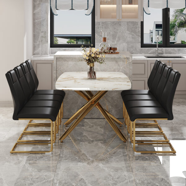 975f281690ad4d1b924327fa10fdf9ea_7b10541132361dec78f7dd2bf4e41370 Table and chair set.Modern Luxurious Tempered Glass Dining Table Set with Gold Metal Legs and 8 PU Chairs.White marble-patterned sticker tabletop,black chairs with gold metal legs.